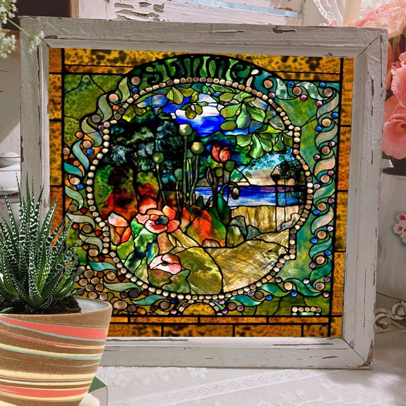 Window Film Stained Glass Films Frosted Privacy Static Cling ,Vintage 4 Seasons Spring, Summer,Autumn,Winter Pictuer for Home