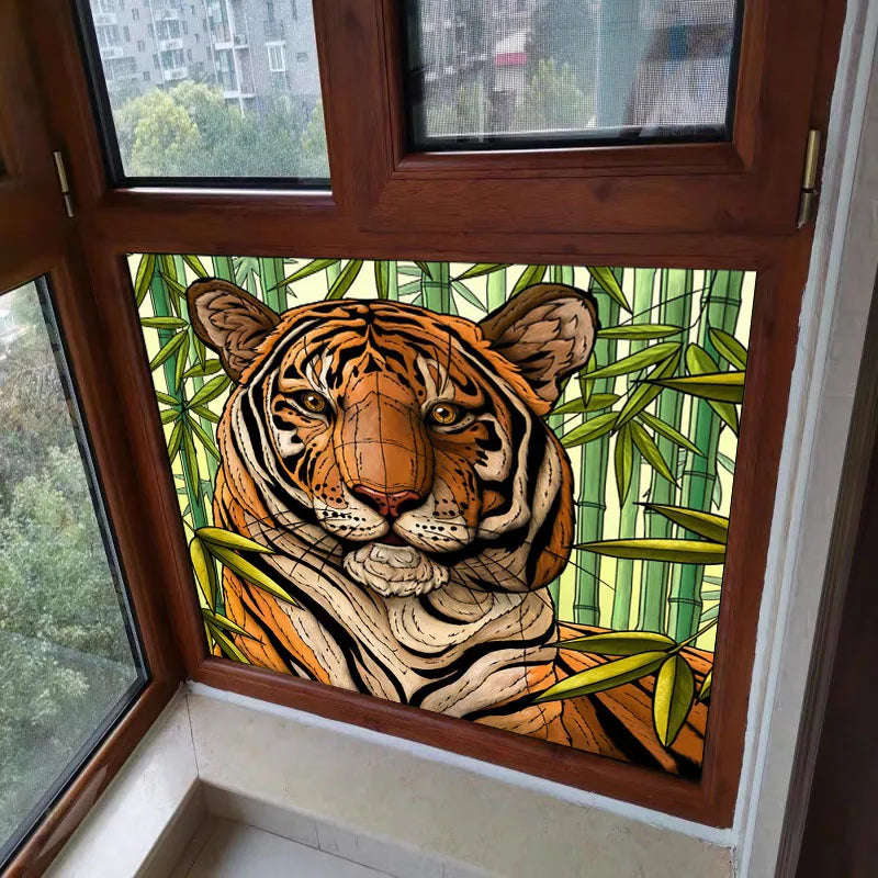 Custom Size Stained Glass Window Film Frosted Films, Animal Dog Cat Tiger Birds Static Cling,Window Covering for Home Office
