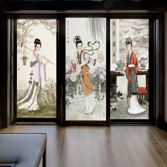 Stained Static Cling Window Film,Frosted Opaque Glass Sticker,Chinese style print Poster for Restaurant Home Decor
