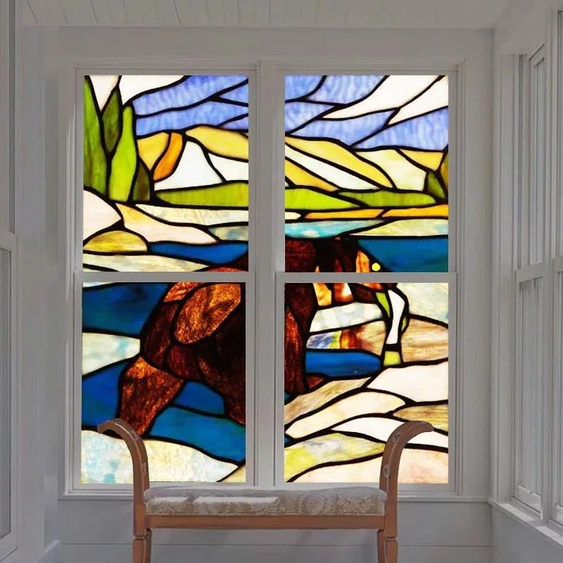 Stained Glass Window Film Frosted Glass Sticker Forest Customized Privacy Static Cling,Print Sticker,Bear,Office Home Decor