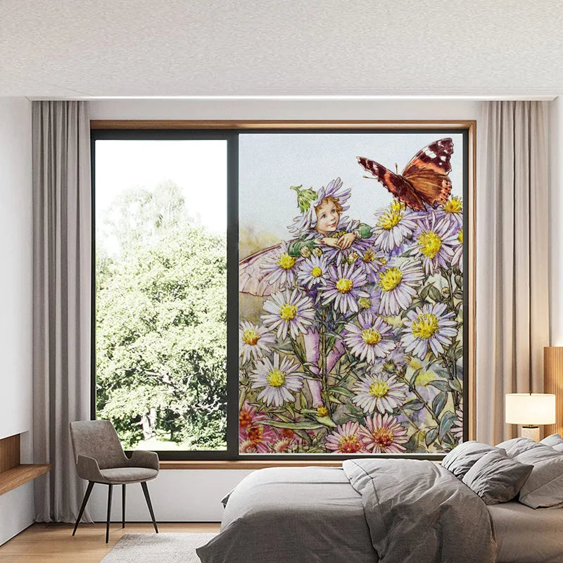 Custom Size Stained Glass Window Film, Flower Fairy Stickers, Static Cling for Kitchen, Bathroom, Bedroom, Door, Home Decor