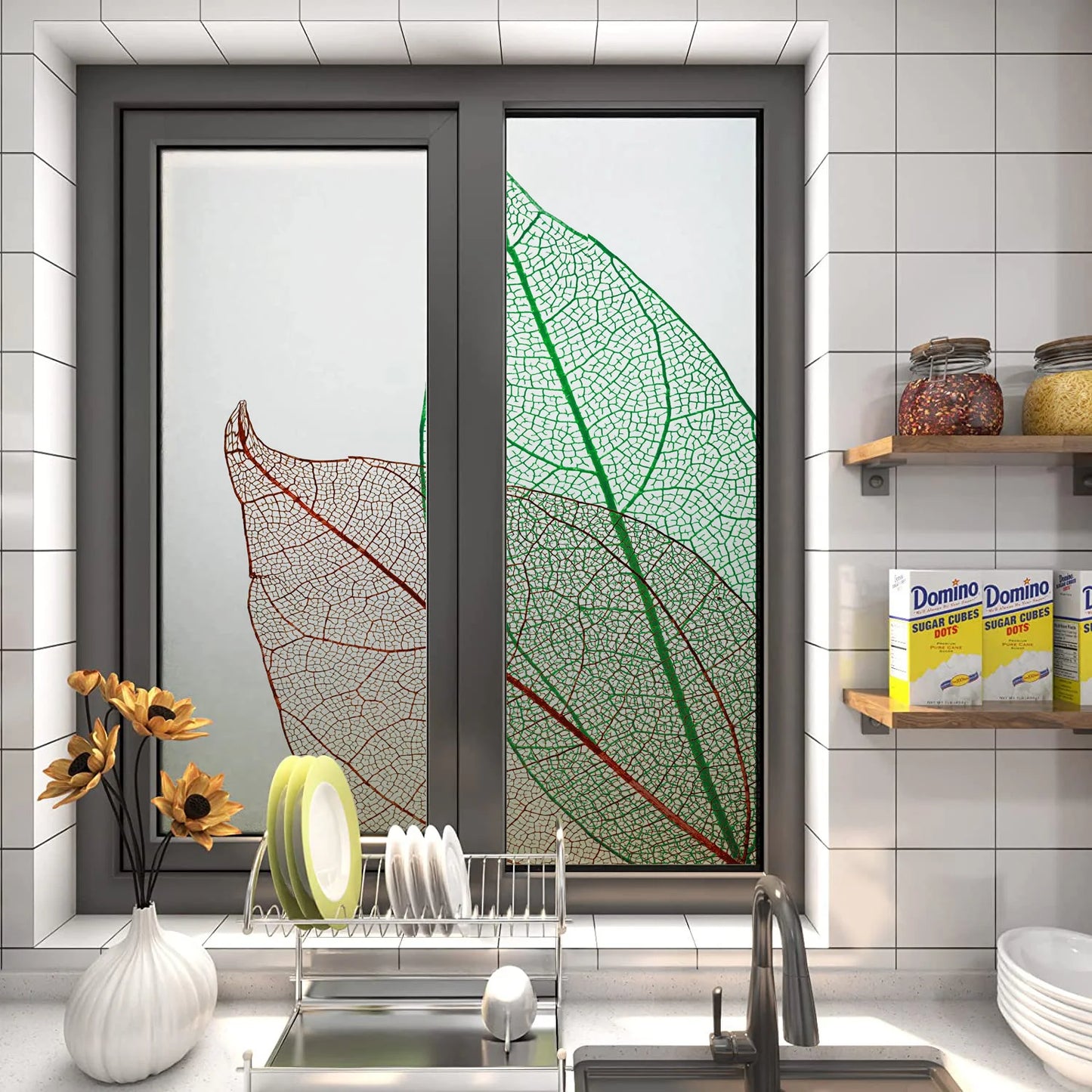 Customized Frosted Stained Glass Window Film, Art Deco Design Leaves,Static Cling, Remove Door Sticker,Home Decor