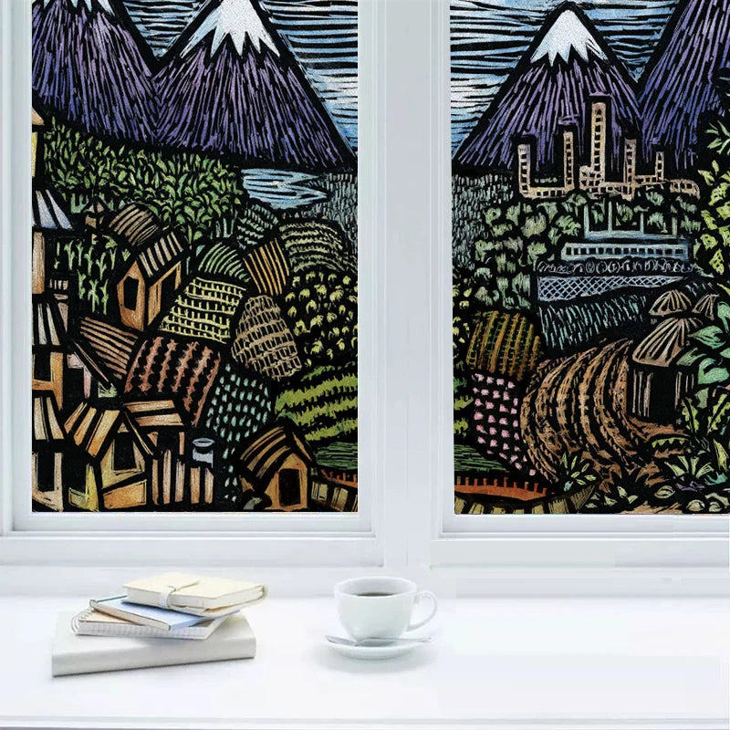 Custom size Glass Films Stained Glass Stickers Static Cling Frosted Privacy PVC Print Natural Village For Window Door Home Decor