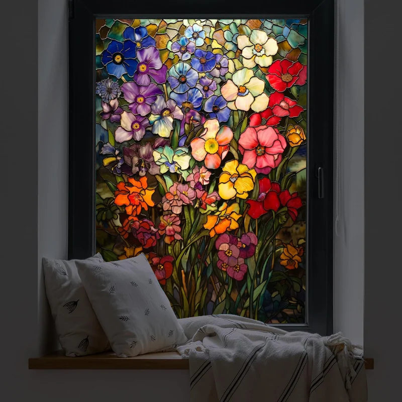 Stained Glass Window Film, Frosted Window Film, ,Privacy,No Glue, Static Cling, Home Decorative Flower