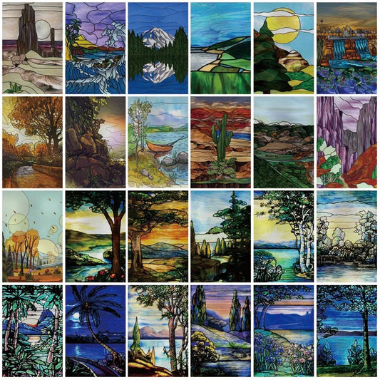 Custom Size Stained Glass Films, Frosted Privacy Window Film, Static Cling, Vintage Scenic,Tree,Landscape, Door Sticker