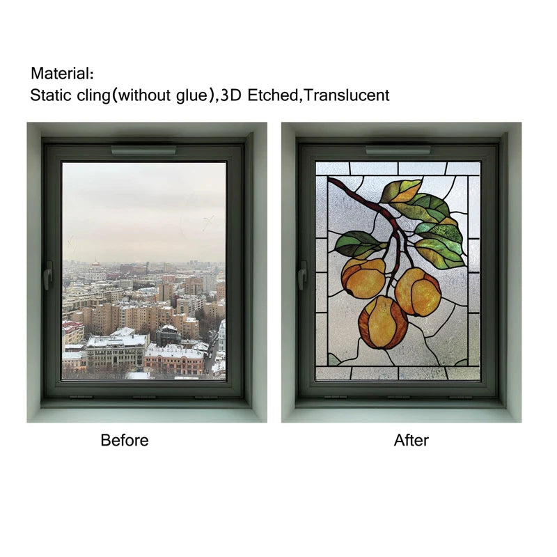 Custom Size 3D Matte Window Film, Stained Glass, Decorative UV Window Sticker, Privacy Frosted Static Cling Fruit, Home Decal