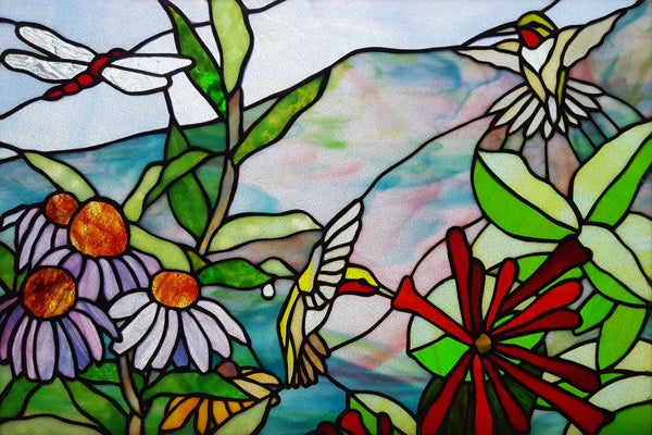 Window Film Stained Glass Stickers,Custom size Static Cling Frosted,Flower Bird Tree Print For Transom Window Glass Home Decor