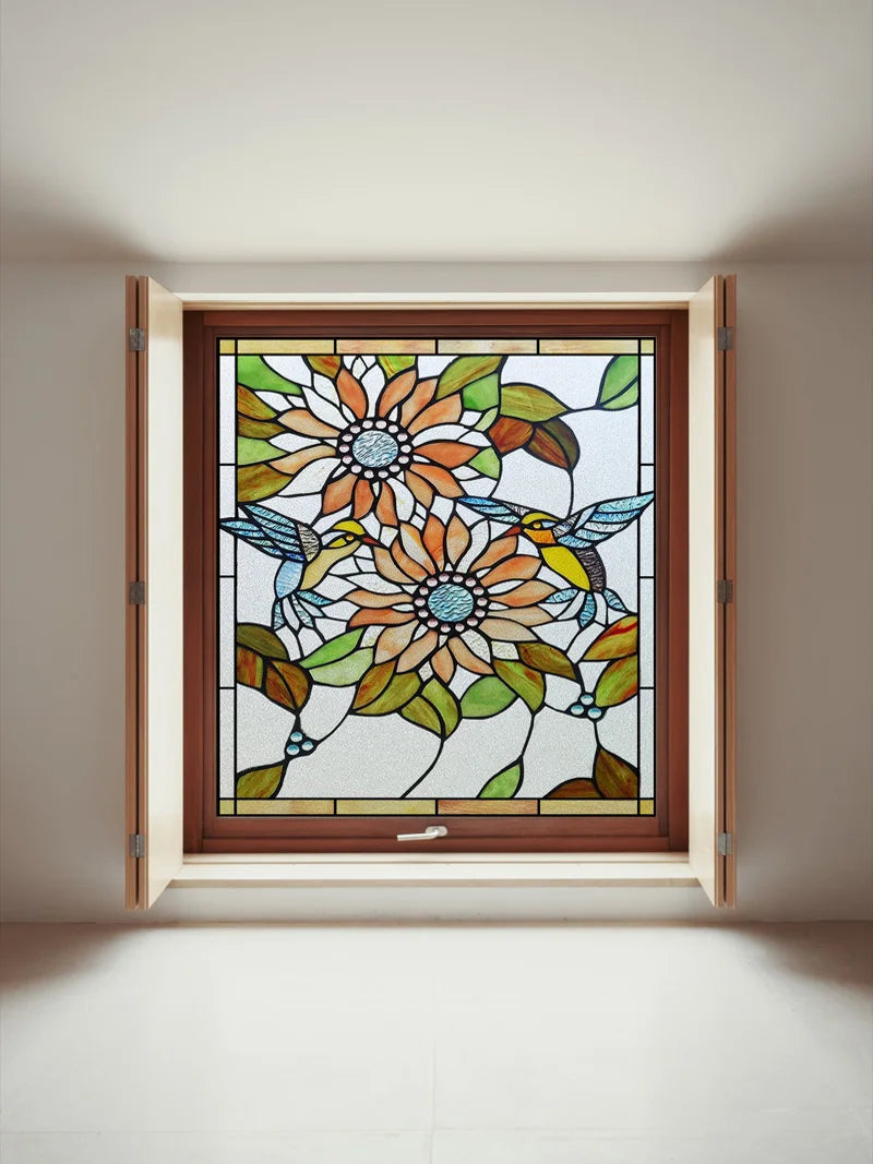 Customized Frosted Stained Glass Window Film,  SunFlower, Hummingbird, Static Cling Sticker,Home Decor, Treatment