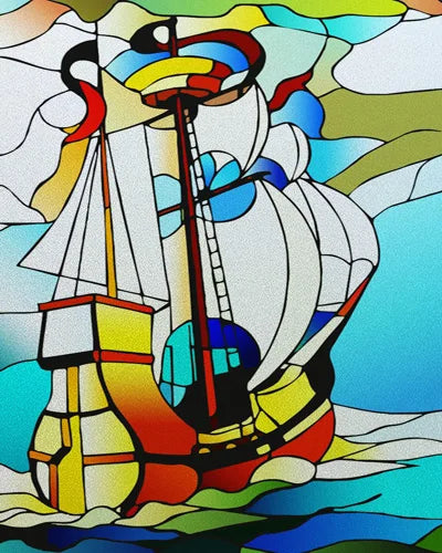 Frosted Stained Glass Window Film, Static Cling, Retro Door Sticker,Kitchen, Office, Home Decor, Customized,Sailboat