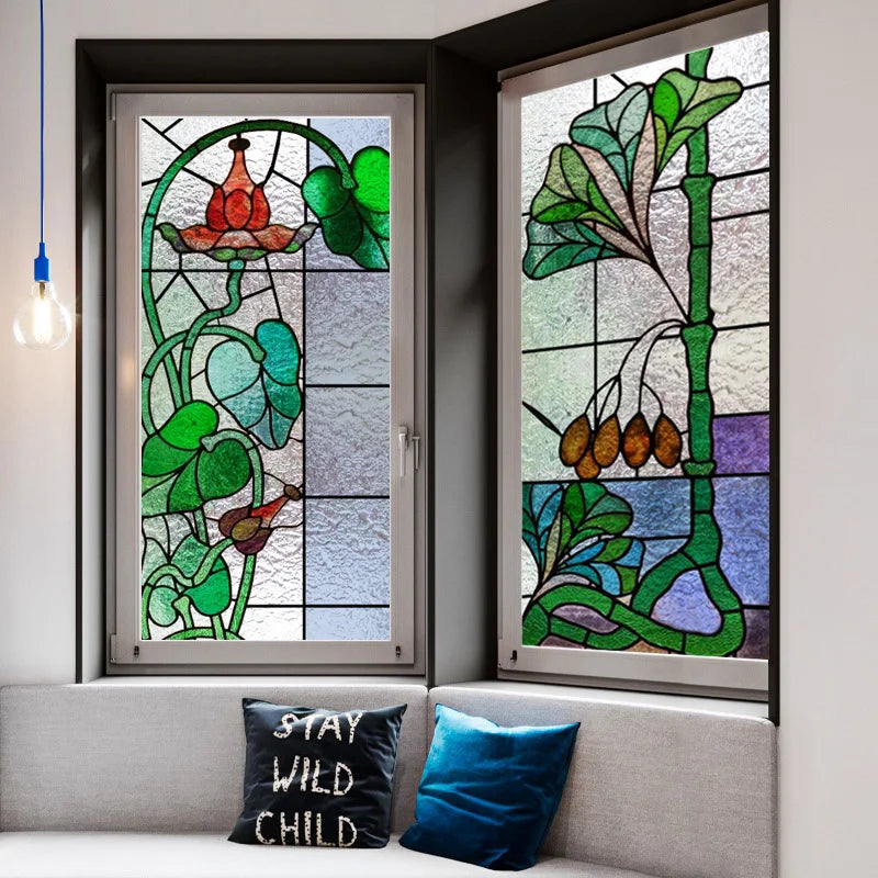 Window Film Stained Glass Films Frosted Static Cling  Privacy Glass Sticker Home Decor Retro Flower custom size
