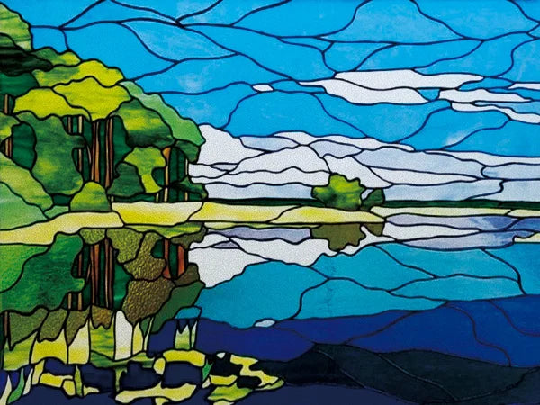 Landscape Painting Stained Glass Films, Transom Windows Film, Opaque Sticker, Self Adhesive, Static Cling, Custom Size