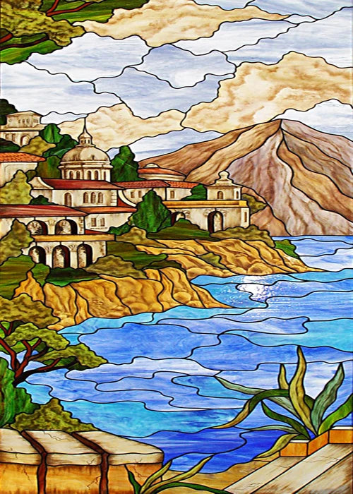 Window Film Stained Glass Stickers,Custom size Static Cling,Print Castle Church landscape Sailboat Sticker,Office Home Decor