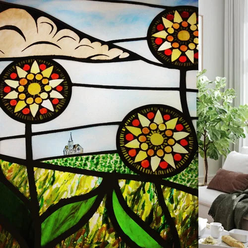 Custom size Glass Films,Stained Glass Stickers Static Cling,Frosted Privacy Print Tree,Rivers,Hill For Window Door Home Decor