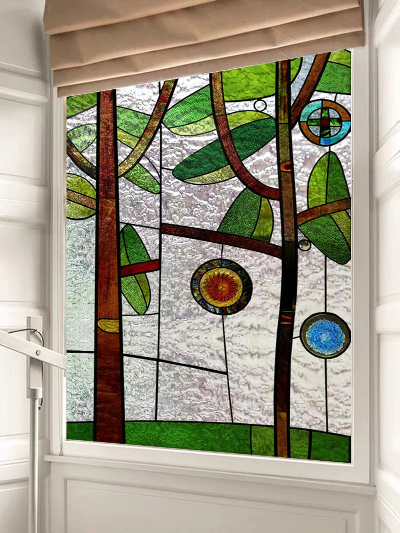 Stained Glass Vinyl Window Stickers Frosted Surface Bedroom Bathroom Decor Window Film Privacy Lucky tree Custom Size