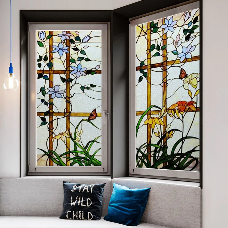 Frosted Stained Glass Window Film, Church Static Cling,Door Sticker,Print SunFlower,Tree,Fruit,Birds,Home Decor, Customized