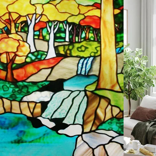 Custom size Glass Films,Stained Glass Stickers Static Cling,Frosted Privacy Print Tree,Rivers,Hill For Window Door Home Decor