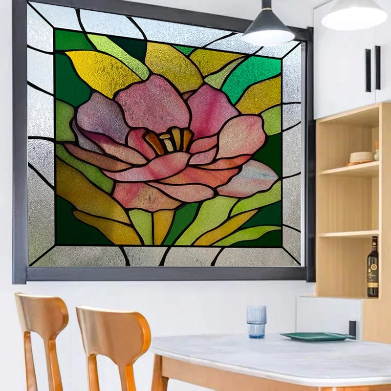 Window Film Stained Glass Stickers,Custom size Static Cling Frosted,Flower Bird Flower Print For Transom Window Glass Home Decor