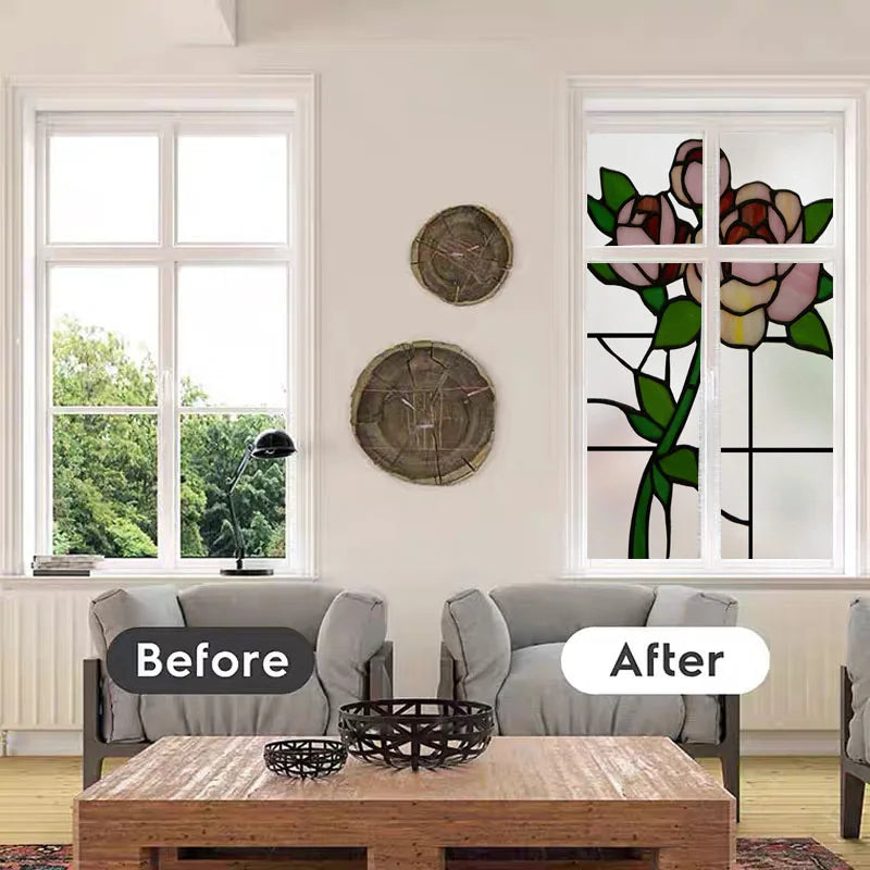 Custom Frosted Stained Glass Film with Floral Rose 3D Design, Static Cling Window Sticker, Removable Privacy Decoration for Home