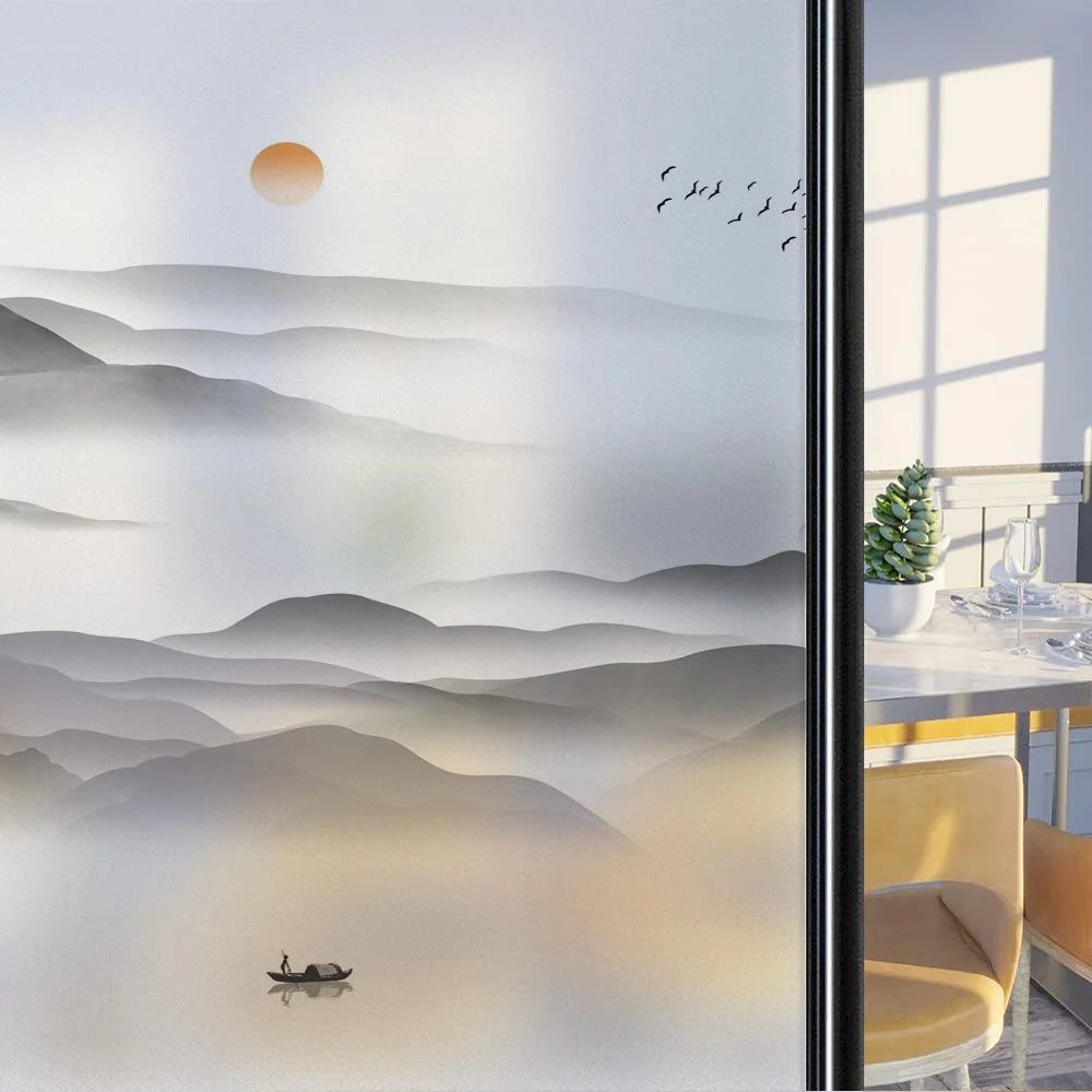 Custom Size Stained Glass Window Film,Frosted Privacy, Static Cling, Door Sticker,Bathroom, Home Decor, Tree, Mountain