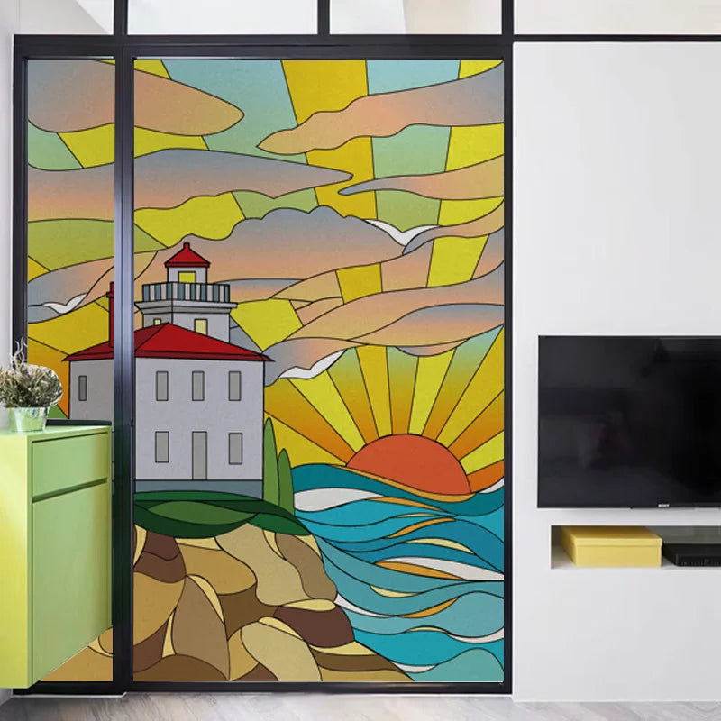 Custom size Stained Glass Films,Privacy Static Cling,Print Sea Red Lighthouse,Rising Sun, Night,Door Sticker,Office Home Decor