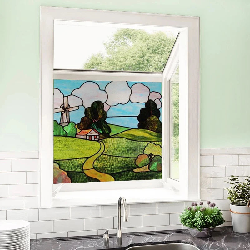 Custom Size Stained Glass Films,Privacy Static Cling,Print Castle, Sailboat, House Door Sticker,Office, Home Decor