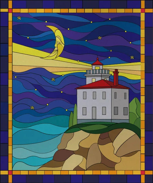 Custom size Stained Glass Films,Privacy Static Cling,Print Sea Red Lighthouse,Rising Sun, Night,Door Sticker,Office Home Decor