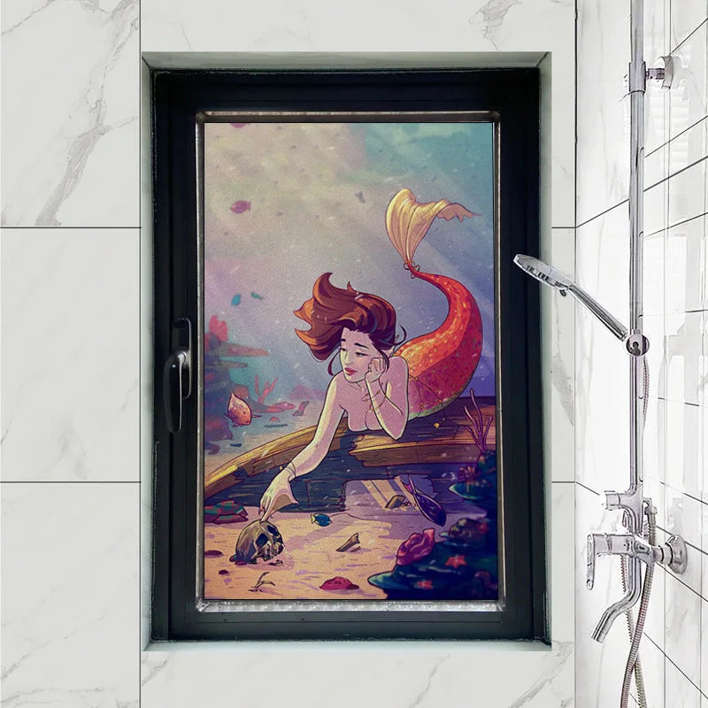 Custom Size Window Stained Glass Films,Mermaid with long hair Picture,Stickers For Bathroom Bedroom Door Office Home Decor