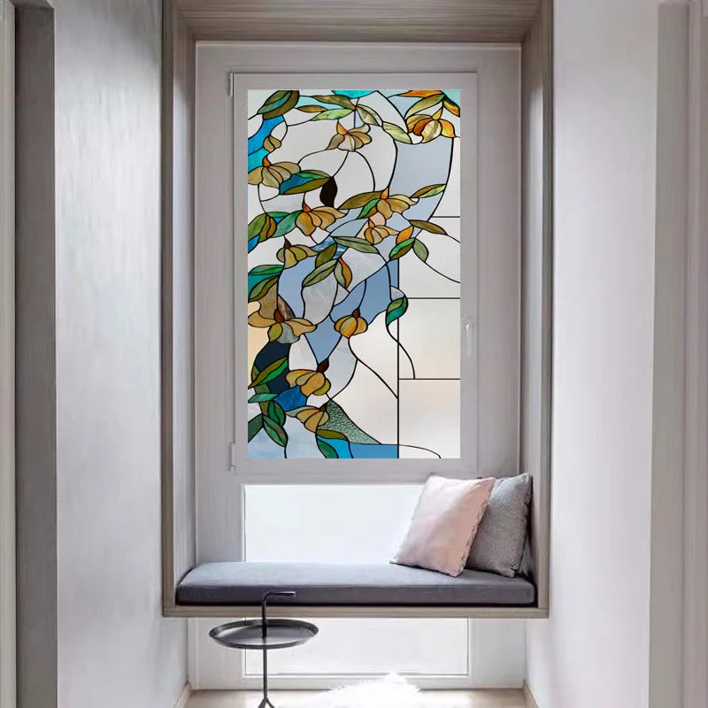 Stained Glass Vinyl Window Stickers Frosted Surface Bedroom Bathroom Decor Window Film Privacy Leaves  Flower Custom Size