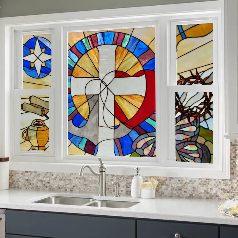 Custom Size Stained Glass Window Film, Frosted Privacy, Static Cling, Church, Mythological People, Transom Window, Home Decor