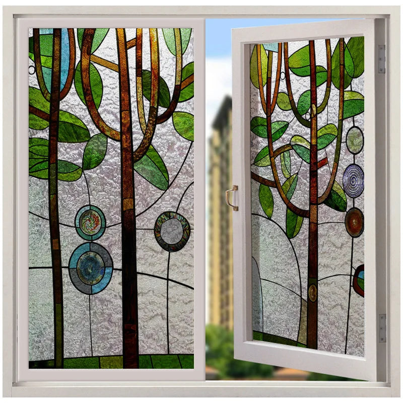 Stained Glass Vinyl Window Stickers Frosted Surface Bedroom Bathroom Decor Window Film Privacy Lucky tree Custom Size