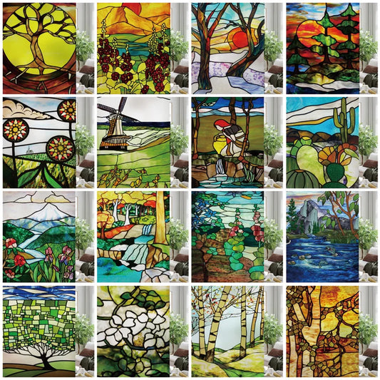 Custom size Glass Films,Stained Glass Stickers Static Cling,Frosted Privacy Print Tree,Rivers,Hill For Window Door Home Decor