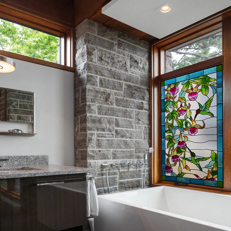Frosted Stained Glass Window Film, Customized Art, Peacock Hummingbird Static Cling Sticker,Home Decor, Treatment
