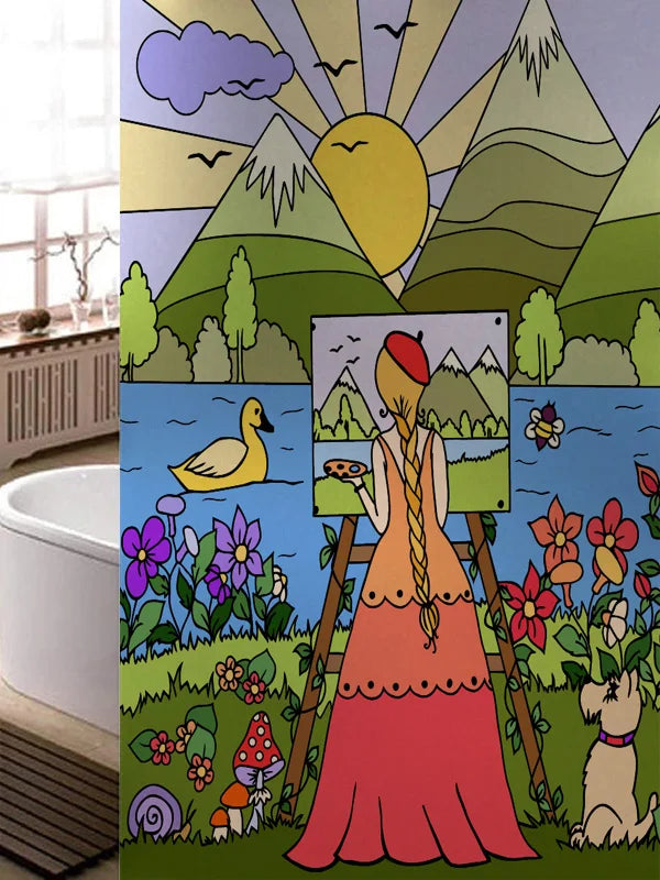 Stained Glass Window Film, Frosted Glass Sticker, Custom Size Castle Cartoon Pattern for Kids Room Door, Poster, Home Decor