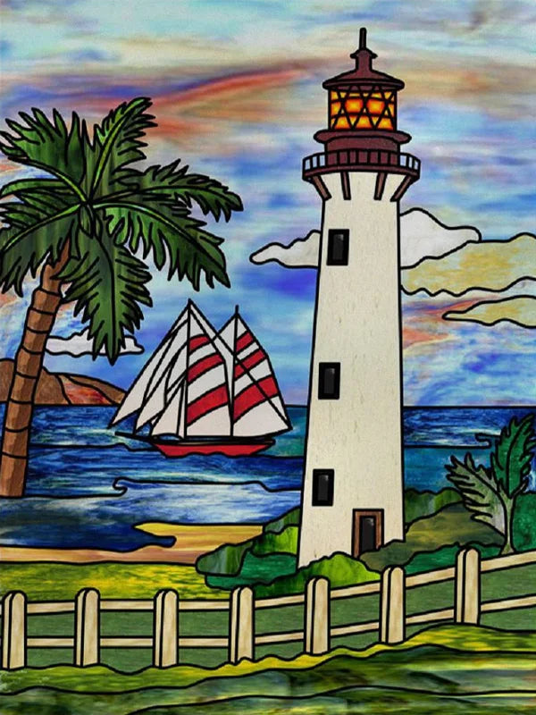 Custom Size Stained Glass Films,Privacy Static Cling,Print Castle, Lighthouse Tower, Sailboat Door Sticker,Office, Home Decor