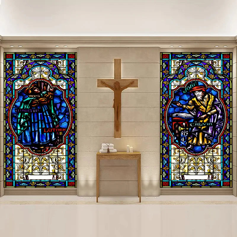 Religious Stained Glass Films,Frosted Window Sticker,Christ Gothic Styles Painting, Church Prayer Room, House of Worship Home