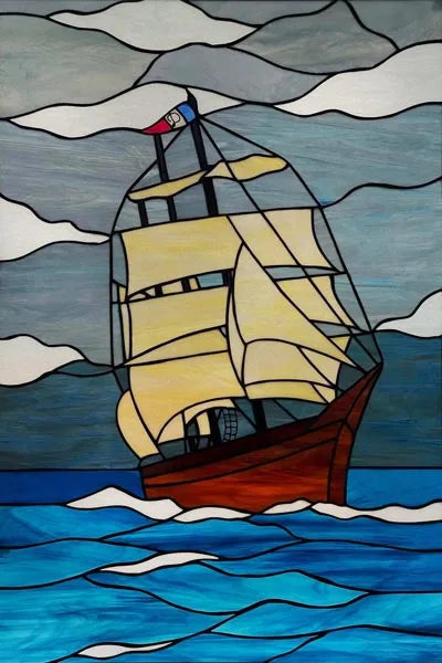 Custom Size Stained Glass Window Film, Retro Painted Frosted Static Cling, Vintage Glass Films Sticker, Lighthouse Sailboat