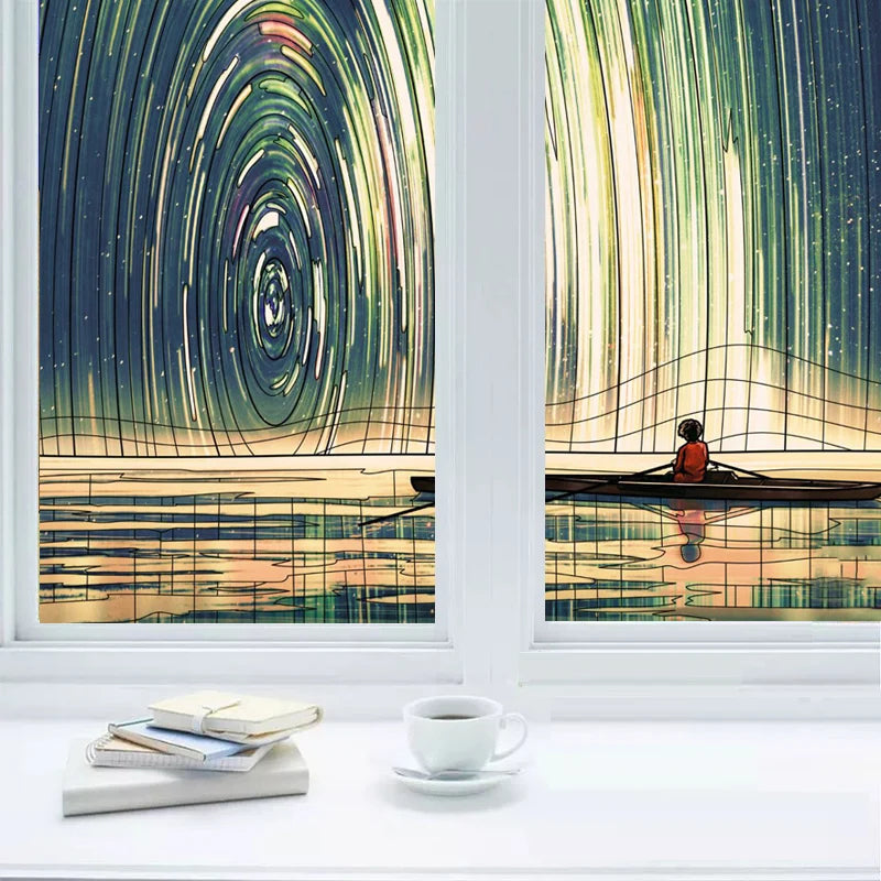 Frosted Stained Glass Window Film, Customized Scenery, Sun Starry Sky, Static Cling Sticker,Home Decor for Bathroom Kitchen