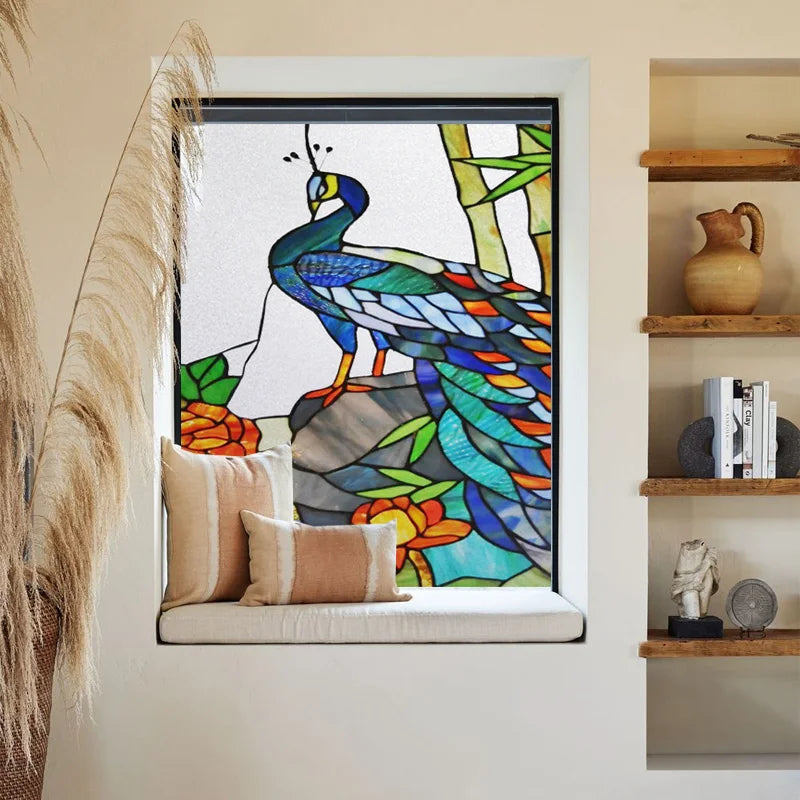 Window Film Stained Glass Stickers,Custom size Static Cling,Frosted Privacy Print Bird,Peacock,Heron,Owl,For Window Home Decor