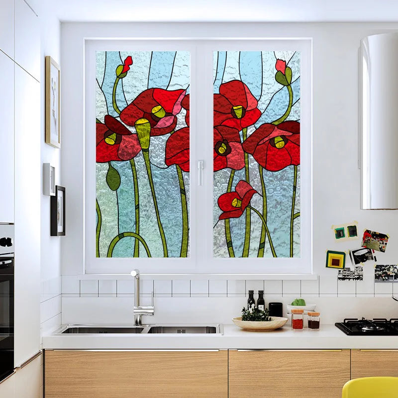 Custom size 3D Matte Window Film Stained Glass Decorative Uv Window Sticker Privacy Frosted Static Cling for Glass Garden Flower
