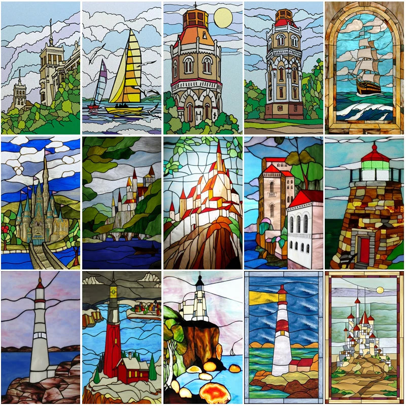 Custom size Stained Glass Films,Privacy Static Cling,Print Castle Lighthouse Sailboat Door Sticker,Office Home Decor
