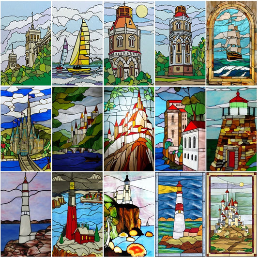 Custom size Stained Glass Films,Privacy Static Cling,Print Castle Lighthouse Sailboat Door Sticker,Office Home Decor