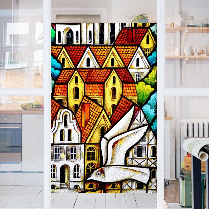 Customized Size No Glue Static Cling Frosted Stained Glass Window Films for Bathroom Door Home Decor Print Mosaic Night Moon