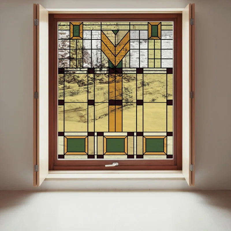 Stained Glass Window Film Transparent Glass Sticker Static Cling Prairie Scottish Style Office Door Anticollision Home Decor