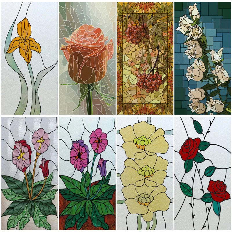 Window Film Stained Glass Stickers,Custom size Static Cling Rose,Flower Privacy Films Door Sticker Kitchen Office Home Decor