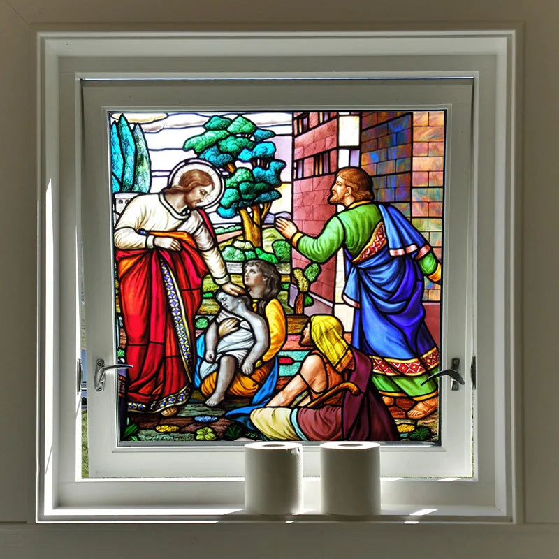 Custom Frosted Stained Glass Window Film, Static Cling ,Church Jesus Mary Angels Picture Stickers, Window Treatment, Home Decor