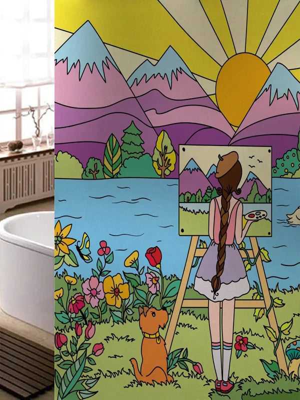 Stained Glass Window Film, Frosted Glass Sticker, Custom Size Castle Cartoon Pattern for Kids Room Door, Poster, Home Decor