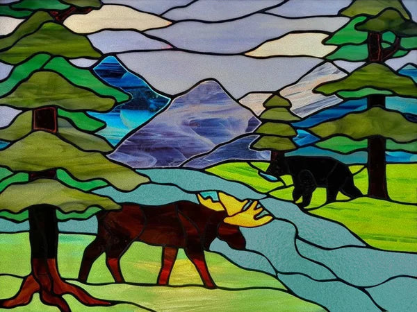 Landscape Painting Stained Glass Films, Transom Windows Film, Opaque Sticker, Self Adhesive, Static Cling, Custom Size