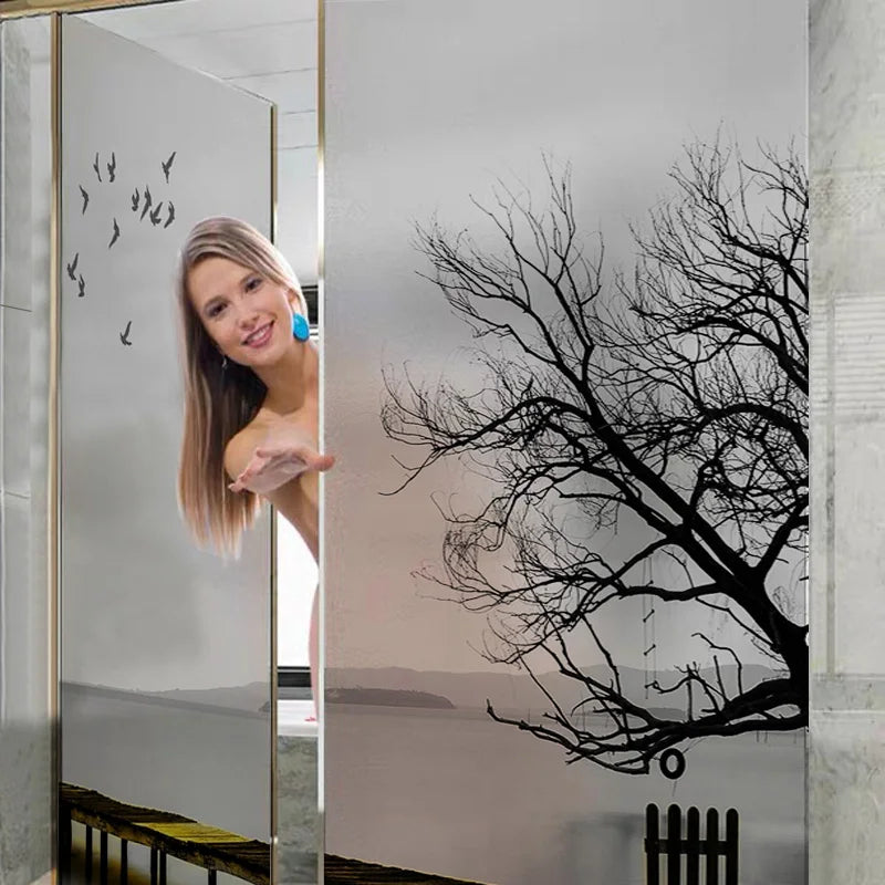 Custom Size Stained Glass Window Film,Frosted Privacy, Static Cling, Door Sticker,Bathroom, Home Decor, Tree, Mountain