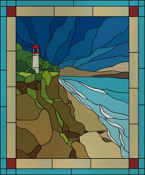 Custom size Stained Glass Films,Privacy Static Cling,Print Sea Red Lighthouse,Rising Sun, Night,Door Sticker,Office Home Decor