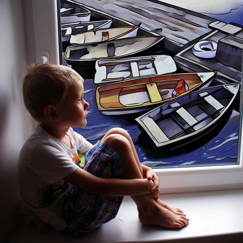 Frosted Stained Glass Window Film, Customized Ocean Boat Color, Static Cling Sticker,Home Decor Foil, Treatment